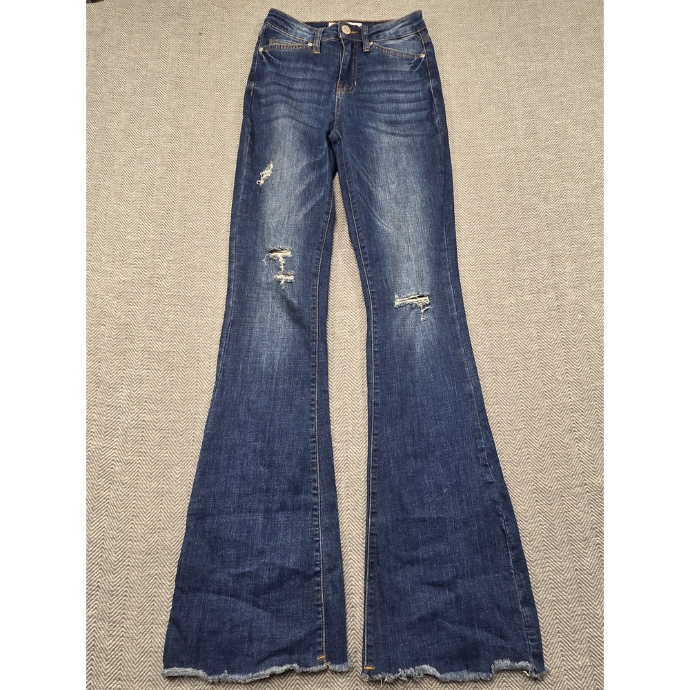 YMI‎ High Rise Flare Jeans Dark Wash Distressed Frayed Hem Size 1/25 P39243